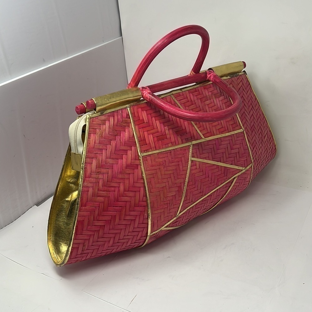 Pink Rattan Gold Lame Leather Zip Large Structured Handbag - Picture 3 of 16